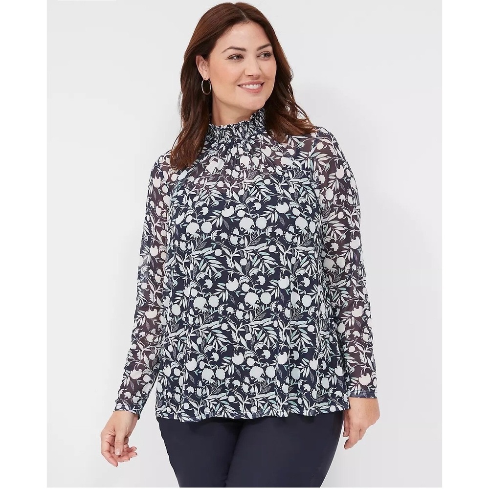 Lane Bryant Navy Blue Floral Smocked Mock Neck Mesh Top Plus Size 26/28 NWT